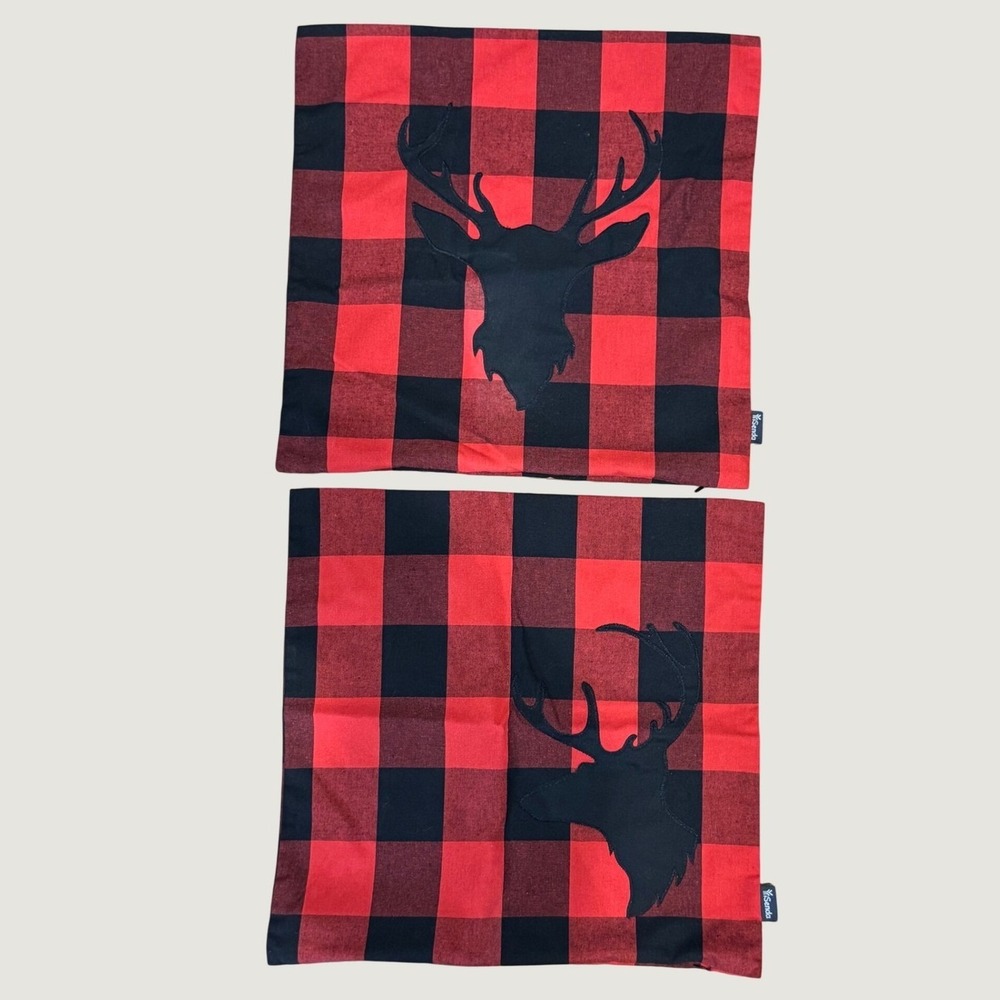 Cozy Buffalo Plaid Deer Silhouette Throw Pillow Covers Set of 2 Red Black 18"